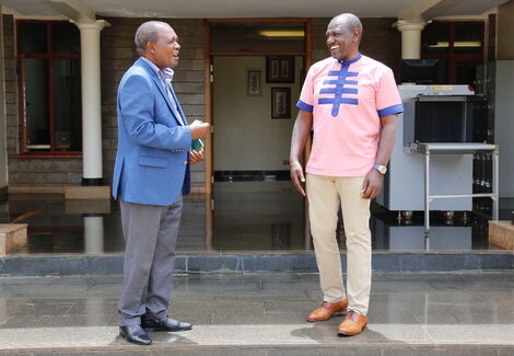 Deputy President William Ruto and former CBK Governor Prof. Njuguna Ndung'u at the former's Karen home on Thursday, April 22