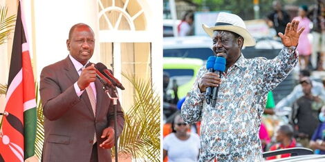 Photo collage between President William Ruto and Azimio Principal Raila Odinga