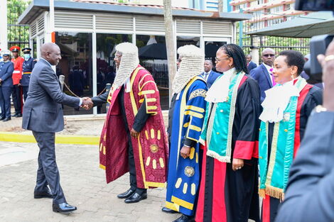 President William Ruto (Left) received by National Assembly Speaker Moses Wetangula, Senate Speaker Amason Kingi, Chief Justice Martha Koome, and Deputy Chief Justice Philomena Mwilu during a joint parliament sitting on September 29, 2022. 