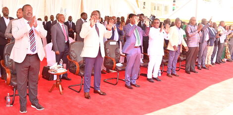 From Left: Chief Prime Minister Musalia Mudavadi, President William Ruto, National Assembly Speaker Moses Wetangula, Bungoma Governor Ken Lusaka and other leaders from Western regino during the ordination of Kitale Catholic Church bishop on Saturday January 21, 2022