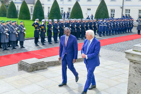 President William Ruto walks alongside President of Germany Dr Frank-Walter Steinmeier at Schloss Bellevue on Monday, March 27, 2023.