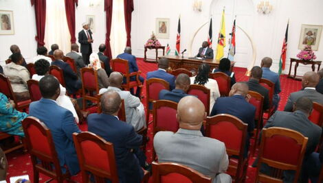 President William Ruto (sitting in front) chairs a meeting with Jubilee MPs at State House, Nairobi on Wednesday, February 8, 2023. 