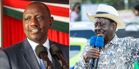 A collage image of President William Ruto (left) and former Prime Minister Raila Odinga (right) speaking at separate events.