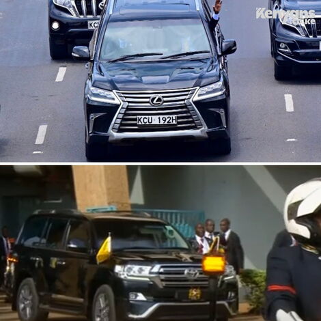 Photo collage between President William Ruto's Lexus LX 570 and the landcruiser he used after swearing-in on Tuesday September 13, 2022