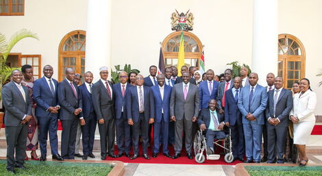 President William Ruto, his Deputy Rigathi Gachagua and a section of Jubilee MPs at State House on Wednesday February 8, 2023