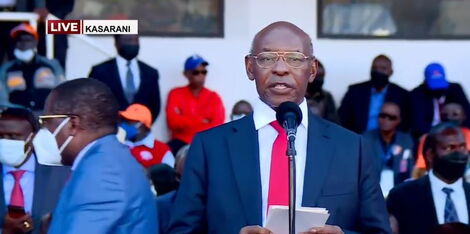 Royal Media Services (RMS) owner SK Macharia address Kenyans gathered at Kasarani Stadium during Azimio la Umoja convention on Friday, December 10, 2021