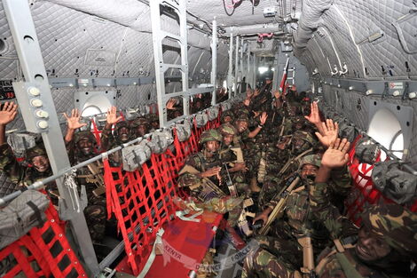 KDF soldiers inside a military plane leaving for DRC on November 12, 2022