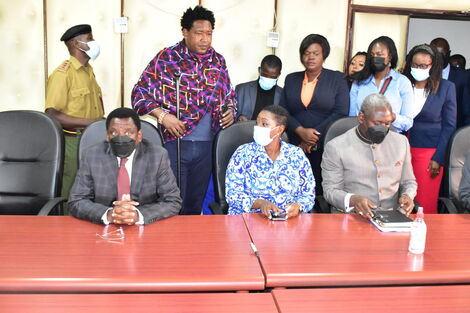 Murang'a County Woman Representative Sabina Chege appears before IEBC Electoral Code of Conduct Enforcement Committee accompanied by Siaya Senator James Orengo, Narok Senator Ledama Ole Kina, MP Gladys Wanga and MP Otiende Amollo on Tuesday, February 15, 2022.