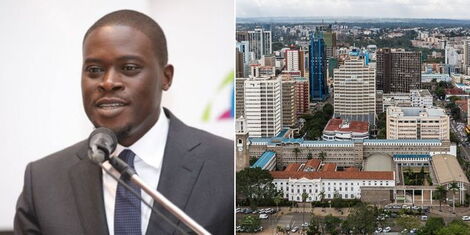 A collage image of Nairobi Governor Johnson Sakaja (left) and an aerial view of Nairobi County (right).
