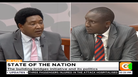 A screenshot of Narok Senator Ledama ole Kina (left) and Kericho Senator Aaron Cheruiyot on Citizen TV on Wednesday, February 20.