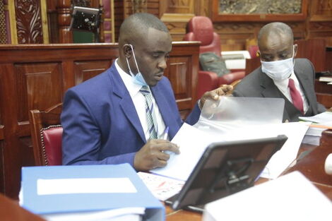 Senator Cleophas Malala (Left) pictured during the first hearing of Kirinyaga Governor Anne Waiguru's impeachment Motion June 23, 2020.