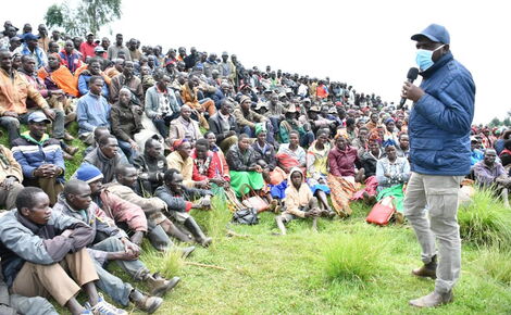 Senator Kipchumba Murkomen addressing landslide survivors in Elgeyo Marakwet County in April, 2020.