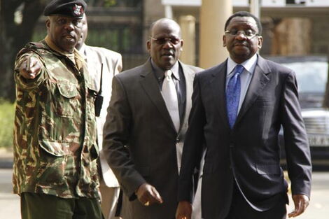 Senators James Orengo (right) and Johnstone Muthama leave former Inspector-General of Police David Kimaiyo’s office at Jogoo House in Nairobi on July 2. 2014