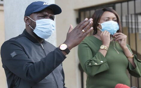 Senators Susan Kihika (Nakuru) and Kipchumba Murkomen (Elgeyo Marakwet) addresses the media outside his office on May 11, 2020.