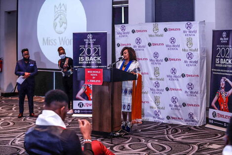 Hon. Rachael Shebesh speaking during the launch of Mr. and Miss World Pageantry 2021.