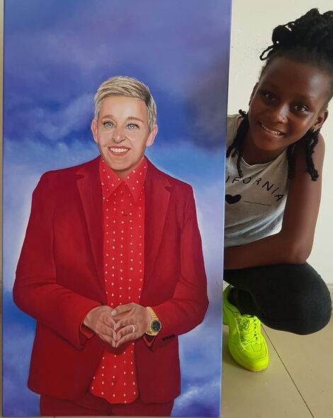 11-year-old Kenyan artist Sheila Sheldone poses next to her painting of US talk show host Ellen Degeneres on Saturday, March 14, 2020