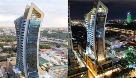Side by side photos of CBK pension towers during the day and with dazzling night lights.