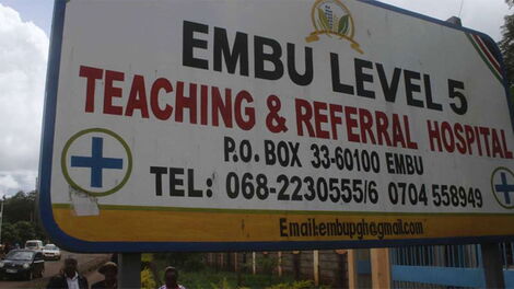 Signpost showing Embu Level 5 hospital