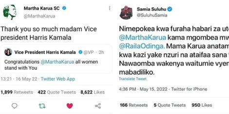 collage of fake social media posts alleging that US Vice President Kamala Harris and Tanzania's President Suluhu Hassan sent congratulatory messages to Martha Karua