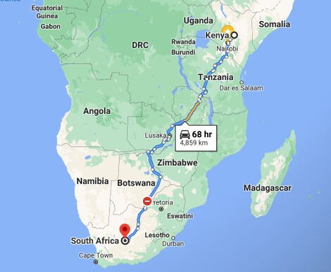 The map showing the journey between Kenya and South Africa
