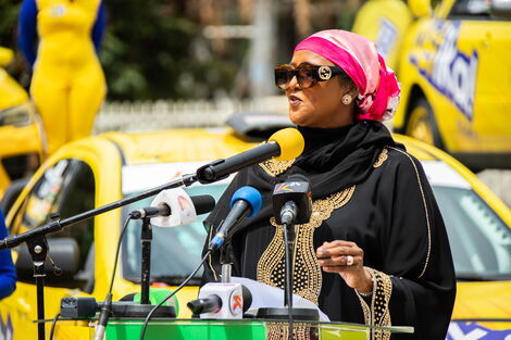 Sport CS Amb. Amina Mohamed delivers her speech at Team Betika Launch at Nyayo Stadium on June 4, 2021