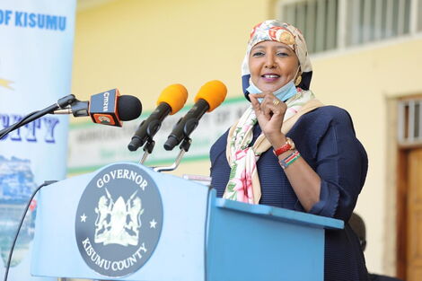 Sports CS Amina Mohamed speaking during the ground breaking ceremony of Jomo Kenyatta International Stadium at the ASK Kisumu Showground in Mamboleo, Kisumu County on June 24, 2020.