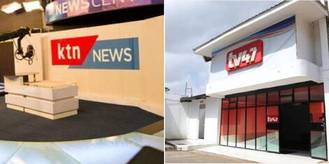 Photo collage between empty KTN News studio and TV47 building 