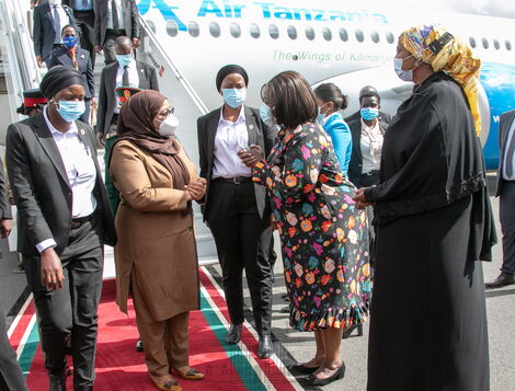 Tanzania's President Samia Suluhu being received by CS Raychelle Omamo at JKIA on May 4, 2021