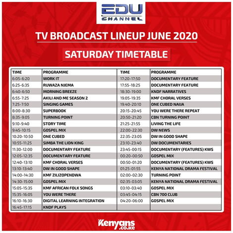 KICD Edu Channel TV Sunday timetable for June 2020