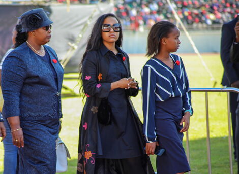 Talissa Moi (c) and other members of the Moi family make their way into Nyayo Stadium during the late Mzee Daniel Arap Moi's requiem mass on February 11, 2020. 