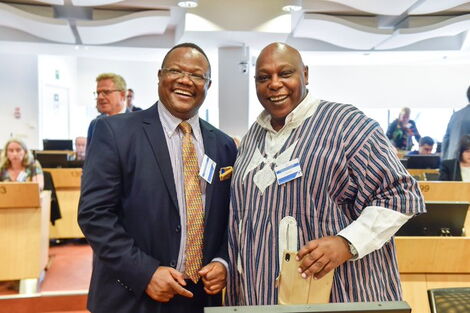 Tanzanian opposition MP Tundu Lissu (Left) and Kenyan Human rights activist Maina Kiai pose for a photo. September 19, 2019.