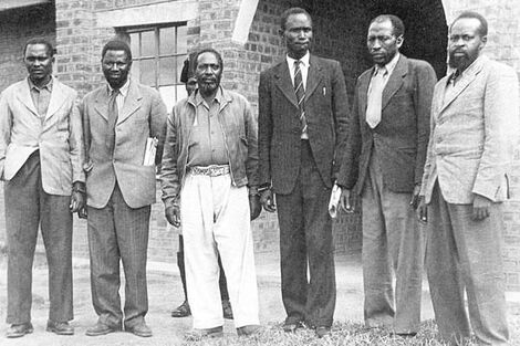 The Kapenguria Six from left, Paul Ngei, Fred Kubai, Jomo Kenyatta, Achieng Oneko, Kungu Karumba and Bildad Kagia