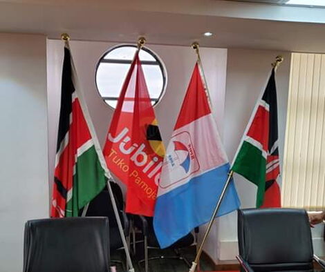 The Wiper and Jubilee Party flags spotted at the ruling party's headquarters in Nairobi on June 17, 2020.
