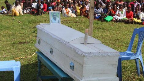 The coffin containing the body of a 14-year-old Jackline Chepngeno, a Class Six pupil at Kabiangek primary school in Bomet who committed suicide.