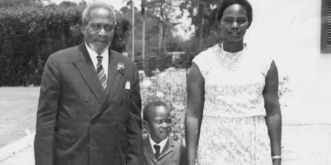 The late Mzee Jomo Kenyatta (left) a young Uhuru Kenyatta (centre) and Mama Ngina Kenyatta (right) posing for a photo