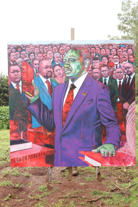 The painting of William Ruto being sworn in, painted by Desmand Mwendi in 2021