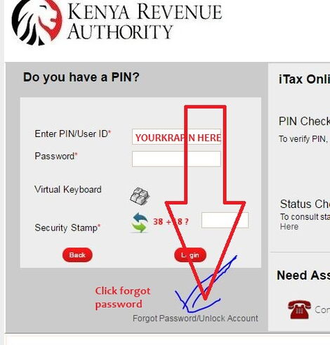 The process to reset your password on the KRA iTax portal.
