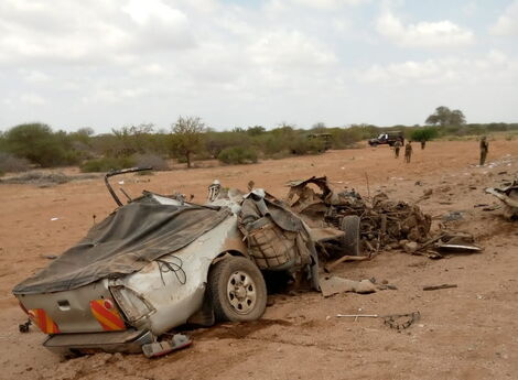 The wreck of a vehicle involved in a suspected Al Shabaab attack in Garissa county on Wednesday January 11, 2023