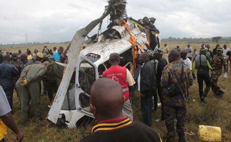A photo of the wreckage of the helicopter that crashed into Lake Nakuru in October 2017 claiming the lives of five people being retrieved from the water.