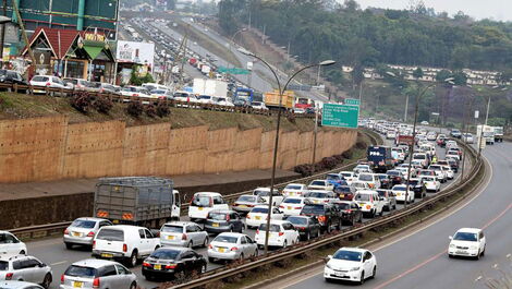Vehicles caught up in a traffic snarl-up along Thika road.