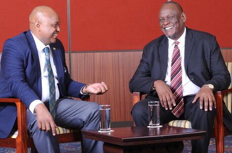 Tony Gachoka interviews former Jubilee Vice-Chair David Murathe on the set of his Point Blank Show in April 2019