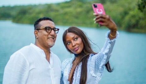 Tourism CS Najib Balala (left) takes selfie with supermodel Naomi Campbell at the Coast.