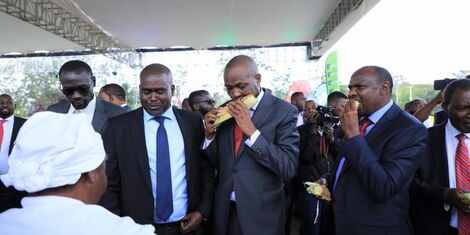 Trade CS Moses Kuria enjoys roast maize during the launch of the Hustler Fund at the Green Park terminus on Wednesday, November 30, 2022