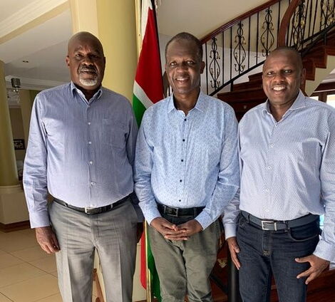 Jubilee Secretary General Raphael Tuju poses with Soy MP Caleb Kositany and Kikuyu MP Kimani Ichungwah at his home in Karen, Nairobi on March 16, 2020