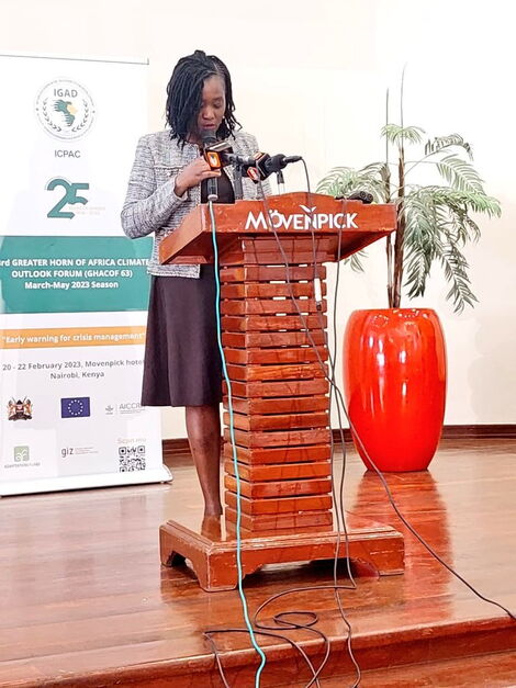 Environment CS Soipan Tuya during the silver jubilee of the Greater Horn Of Africa Climate Outlook Forums held on February 22, 2023, in Nairobi.