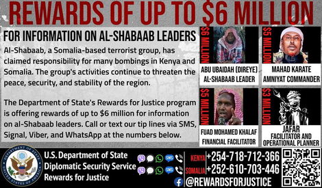 Poster by the U.S Department of State offering rewards for 4 most wanted Al-Shabaab leaders