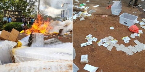 A collage image of UDA election materials being burnt in Embu town on April 13, 2022.