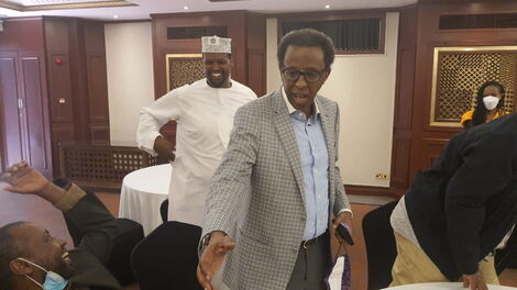 Ahmednassir (front) together with Mandera Governor Ali Roba (back) during the UDM party fundraiser at Serena Hotel, Nairobi on October 31