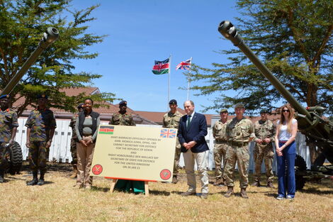 UK’s Secretary of State for Defence, Ben Wallace (front right) and his counterpart Monica Juma at the launch of the army barracks.