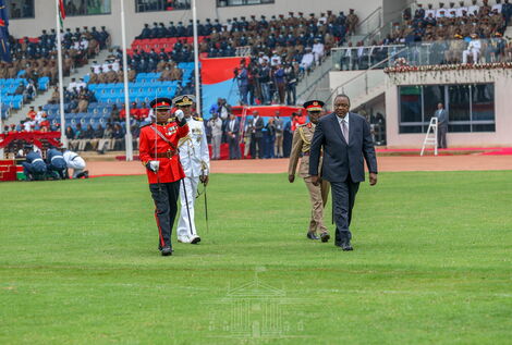 President Uhuru Kenyatta bids farewell to the Kenya Defence Forces (KDF) at Ulinzi Sports Complex at Lang'ata Barracks in Nairobi on Friday, September 9, 2022